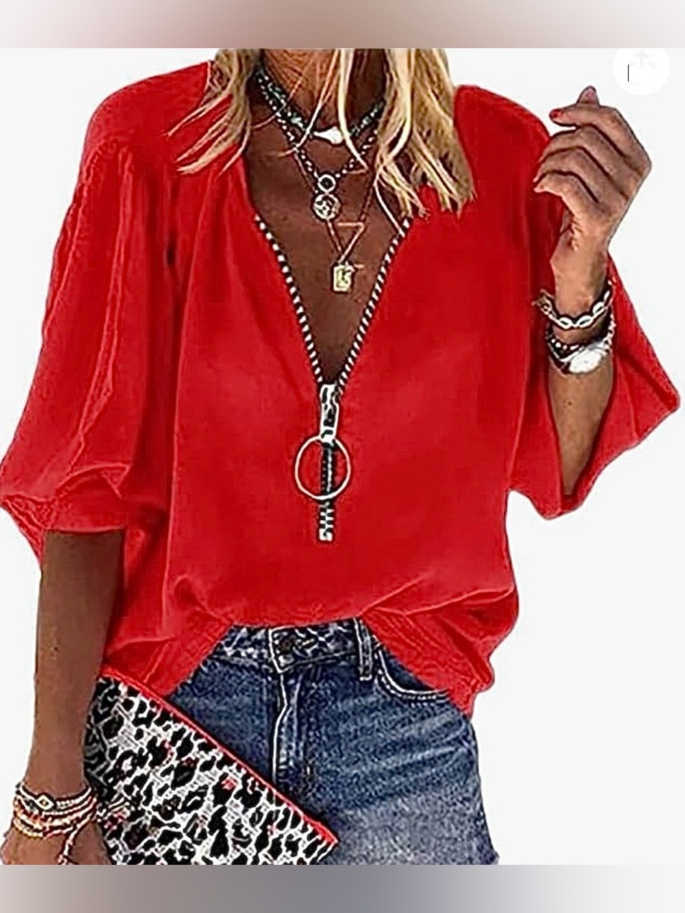 Women’s Red V-Neck Zip Detail Top